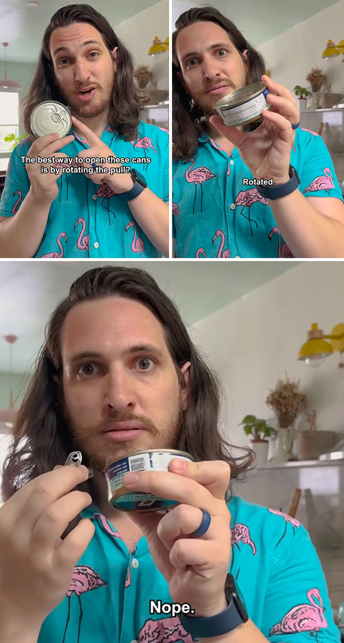 Man in flamingo shirt demonstrating how to open cans with pull tabs, sharing useful tips you may want to know.