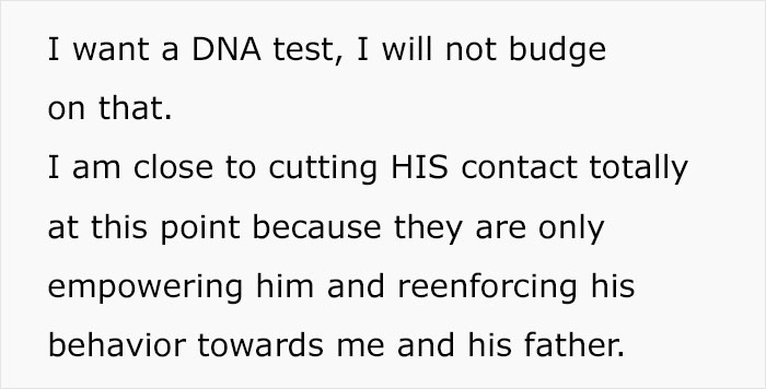 Text excerpt about wanting a DNA test and cutting contact, related to teen son get girlfriend pregnant on purpose situation.