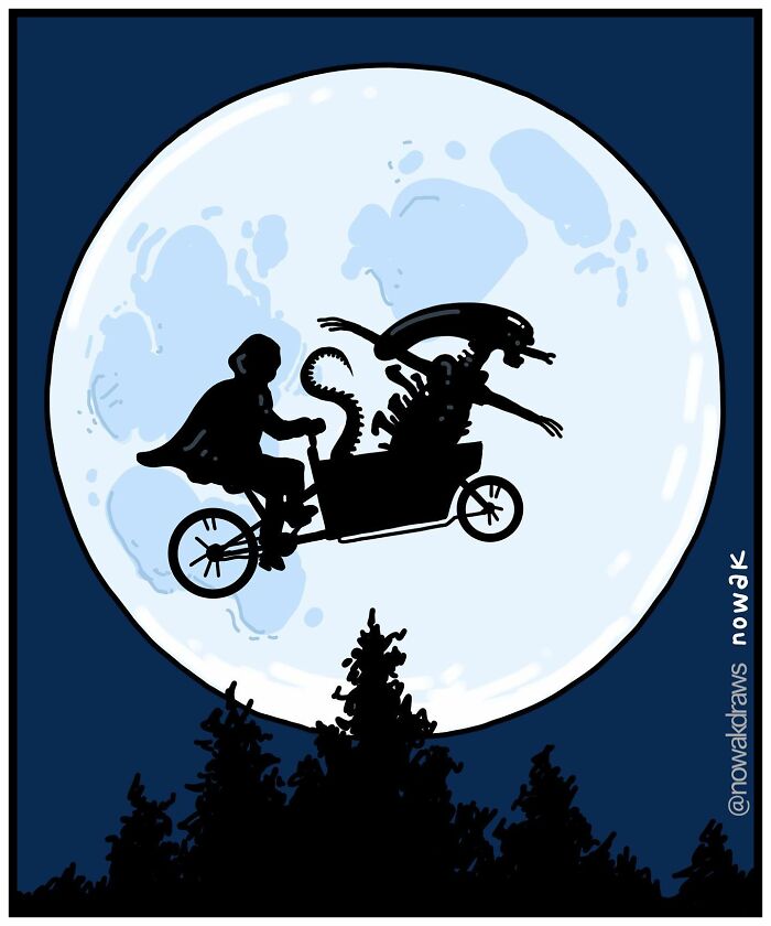 Silhouette comic art showing an absurd scene of two figures flying on a bike in front of a large full moon at night.