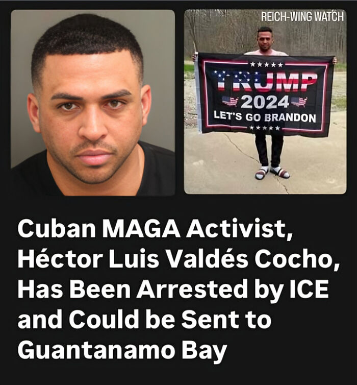 Mugshot and photo of Cuban MAGA activist holding a Trump 2024 flag, highlighting a facepalm moment of common sense failure.