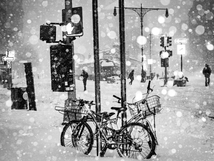 Bicycles locked to a pole in a snowy street scene captured for pure street photography grant 2025 winners.