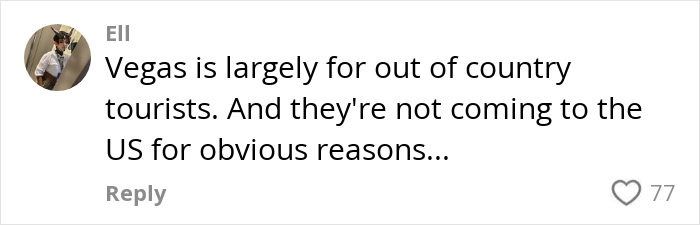 User comment about decline in US tourism, highlighting fewer out-of-country tourists visiting and financial loss in tourism sector.