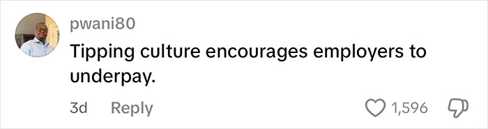 Screenshot of a social media comment stating tipping culture encourages employers to underpay, reflecting waitress upset about tips.
