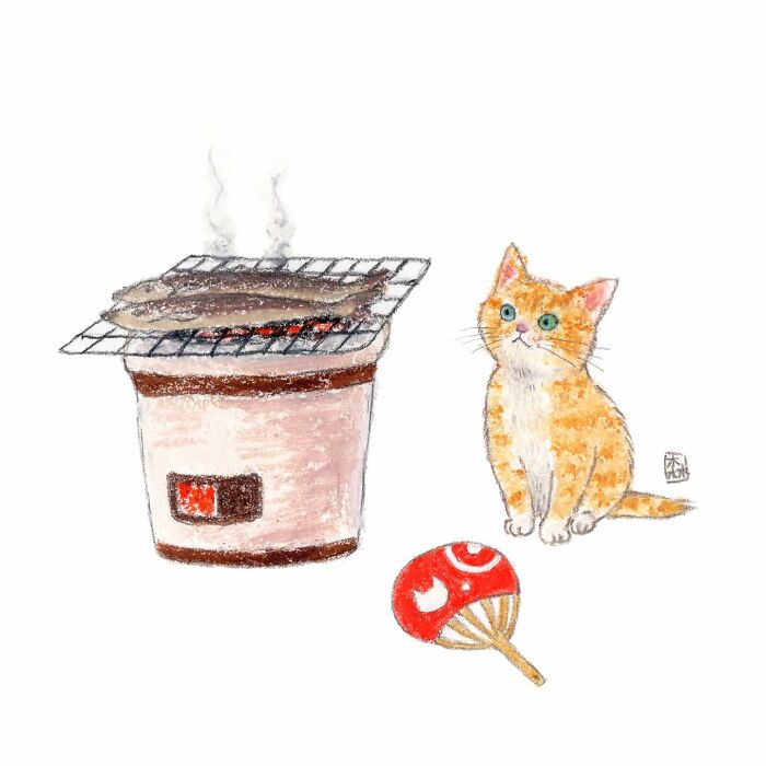 Watercolor artwork of an orange cat sitting next to a traditional Korean grill with fish, adorable artwork for cat lovers.