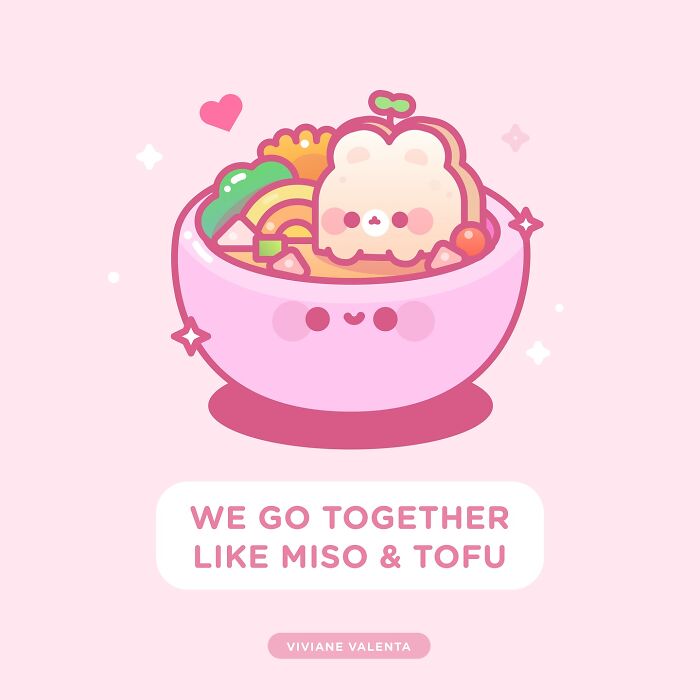 Cute frog illustration in a pink bowl with food pun about miso and tofu, showcasing food puns and cute frogs artwork.
