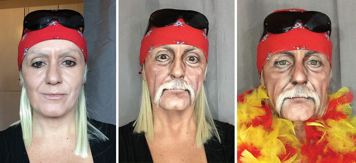 Woman with bandana and sunglasses transforms through makeup into an older character with realistic aging effects in makeup looks.