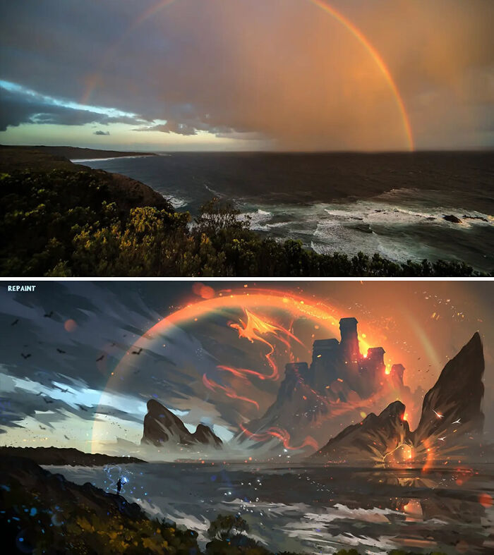 Coastal landscape transformed into a fantastical world with glowing volcanic castle and magical energy by repainting photos.