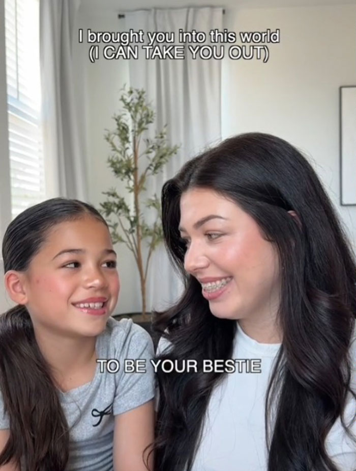 Young girl and woman smiling with text about toxic parenting sentences and healing responses in a home setting.