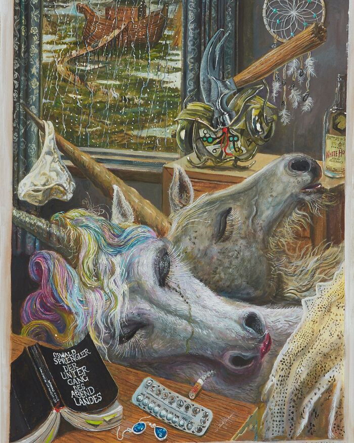 Surreal artwork illustrating humorous layers and social tensions with a unicorn and horse heads in a cluttered room.