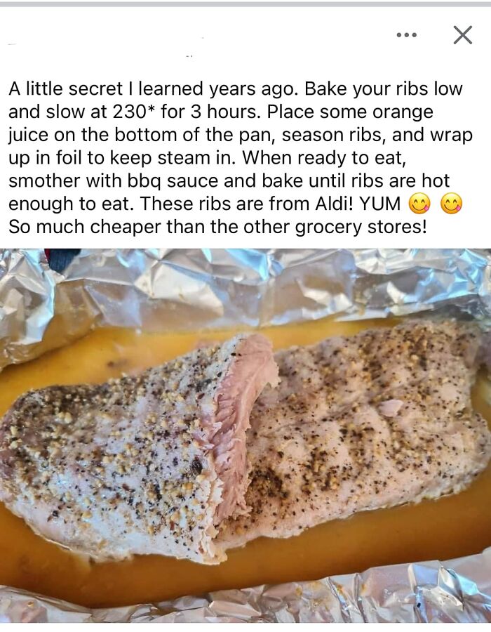 Cursed food pics showing undercooked ribs with seasoning and orange juice in foil, looking unappetizing and strange.