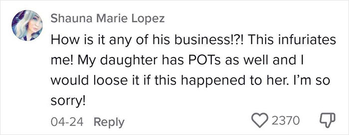 Comment expressing frustration over harassment of a woman with POTS for not looking disabled enough while using a car.