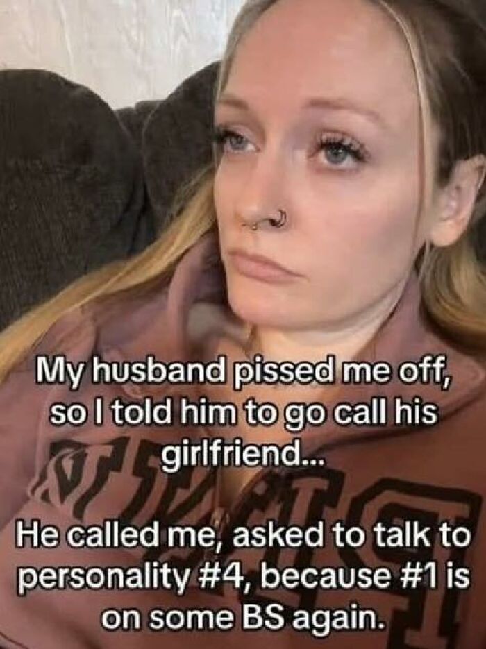 Woman with a nose ring sitting on a couch with a funny post about relationships from 80 funny posts to share with friends.