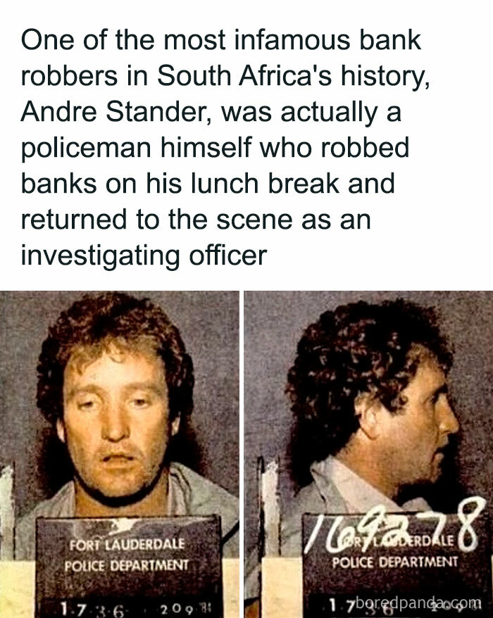 Mugshot of Andre Stander, a policeman turned bank robber, illustrating disturbing and unsettling events that actually happened.