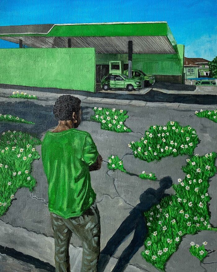 Painting showing colours and space with a man in green facing a green gas station, exploring identity through art and environment.