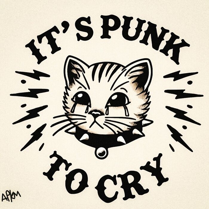 Cat illustration with tears and punk collar, expressing vulnerable thoughts, related to art therapy and emotional expression.