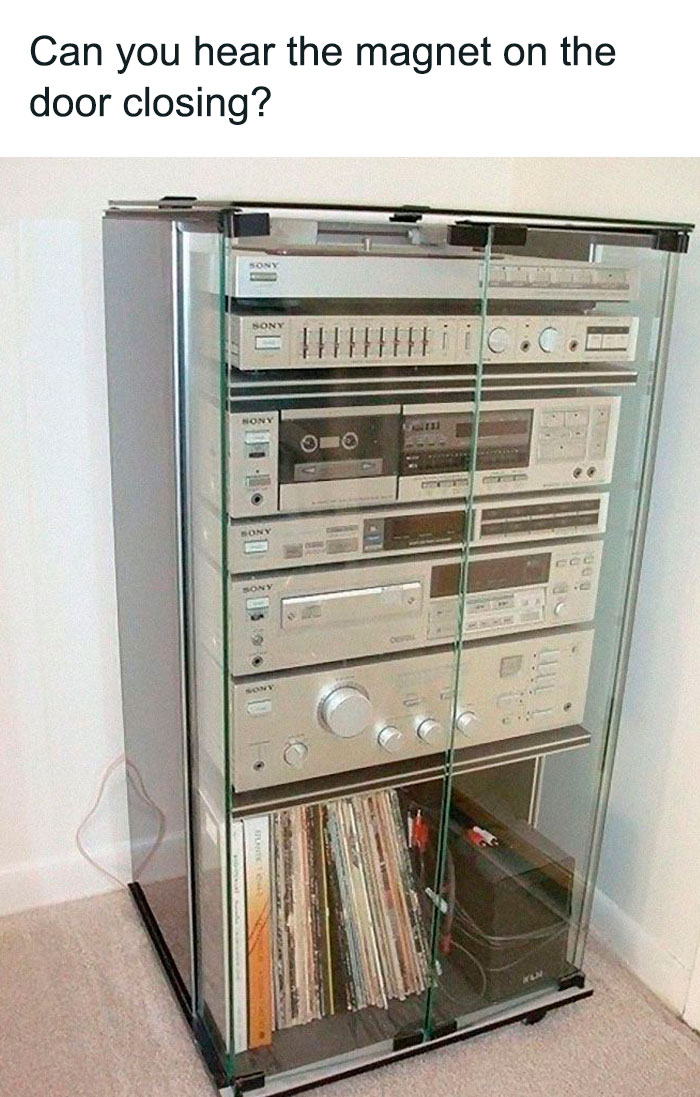 Vintage Sony stereo system in glass cabinet with vinyl records, celebrating the good old 80s music era and technology.