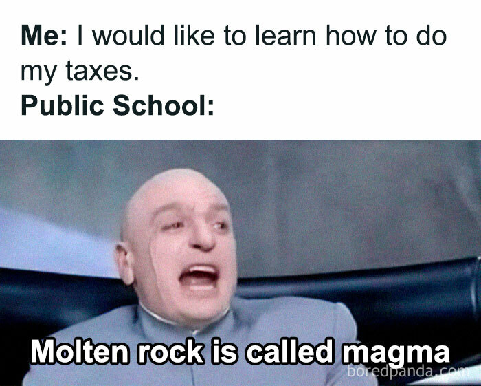 Meme showing a man humorously explaining molten rock is called magma, highlighting nostalgic memories from public school.