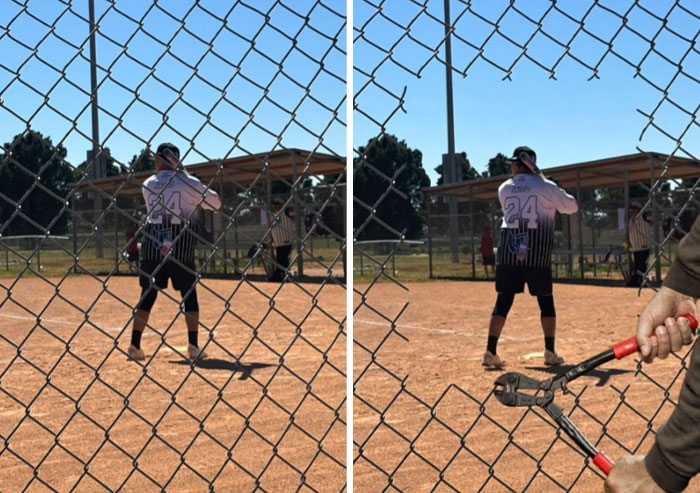 Baseball player at bat on a field with a chain link fence edited to look like it is being cut with pliers in a Photoshop edit.