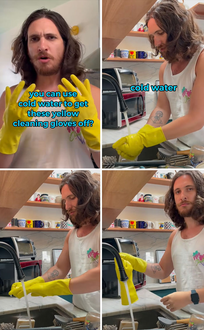 Man demonstrates using cold water to remove yellow cleaning gloves in a kitchen, sharing useful life tips for everyday cleaning.