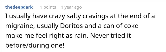 User comment about salty cravings during a migraine, mentioning Doritos and a can of Coke helping relief.