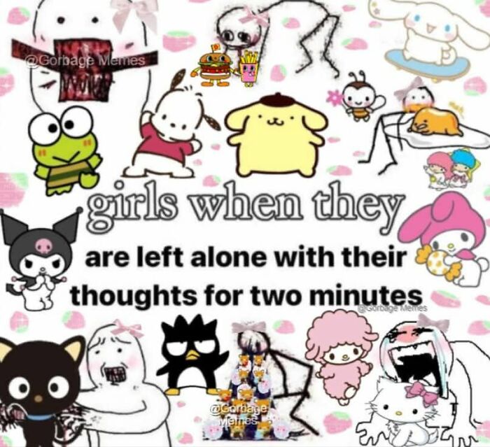 Cute and wholesome girlie characters with funny expressions illustrating girls left alone with their thoughts for two minutes