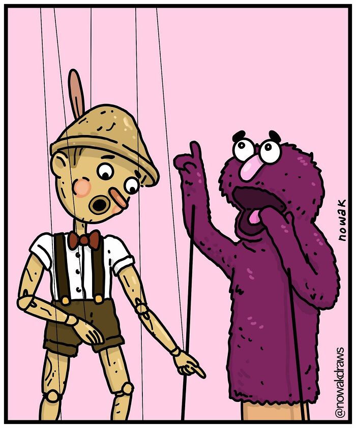 Cartoon of a wooden puppet and a purple puppet with a peculiar sense of humor in an absurd comic style.