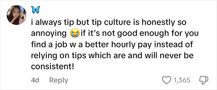 Social media comment discussing tip culture frustration from a waitress upset after reviewing her daily tips.