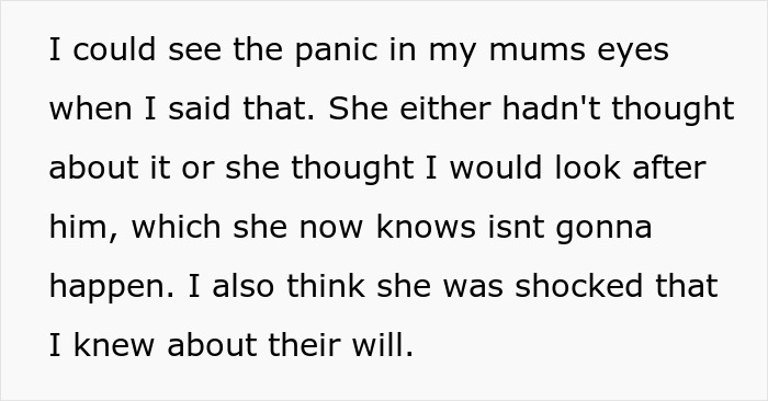 Text excerpt showing panic and shock in a family conflict involving a daughter refusing to invite a bully to a wedding.