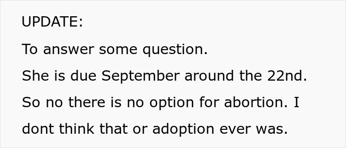 Text update about teen son getting girlfriend pregnant on purpose, mentioning due date and no abortion option.