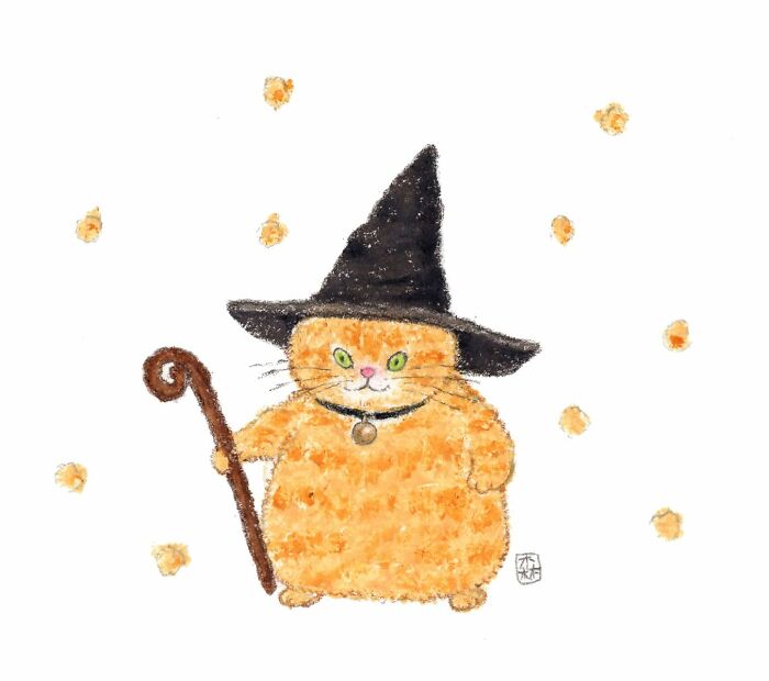 Adorable artwork of an orange cat wearing a witch hat and holding a staff, drawn by a Korean artist for cat lovers.