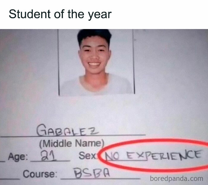 Photo of a student ID form humorously listing s*x as no experience, from a Facebook page about hilarious memes.