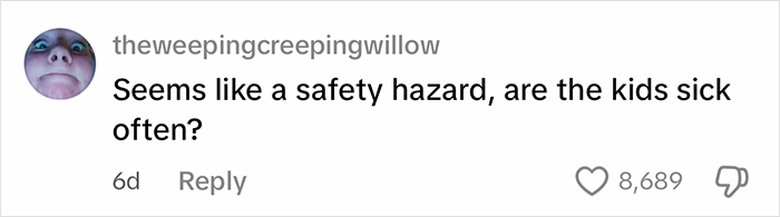 Comment from user questioning if the filthy car is a safety hazard and if the kids often get sick.