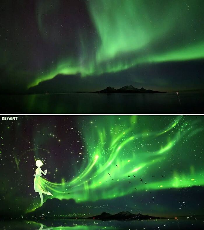 Northern lights over dark mountains, transformed by artist into a fantastical world with a glowing figure and magical light trails.
