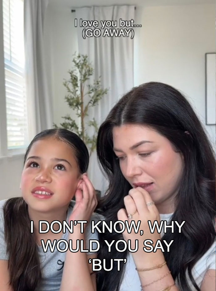 Child and woman discussing toxic parenting statements and responses in a bright room with a plant in the background.