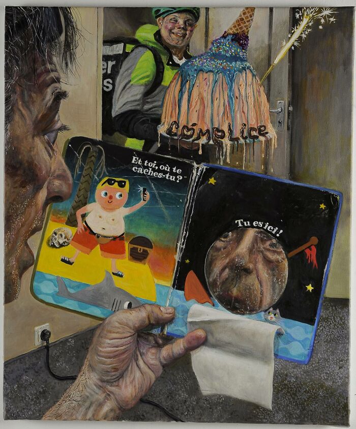 Surreal art of contradiction showing a man holding a humorous, layered illustration with social tensions depicted.