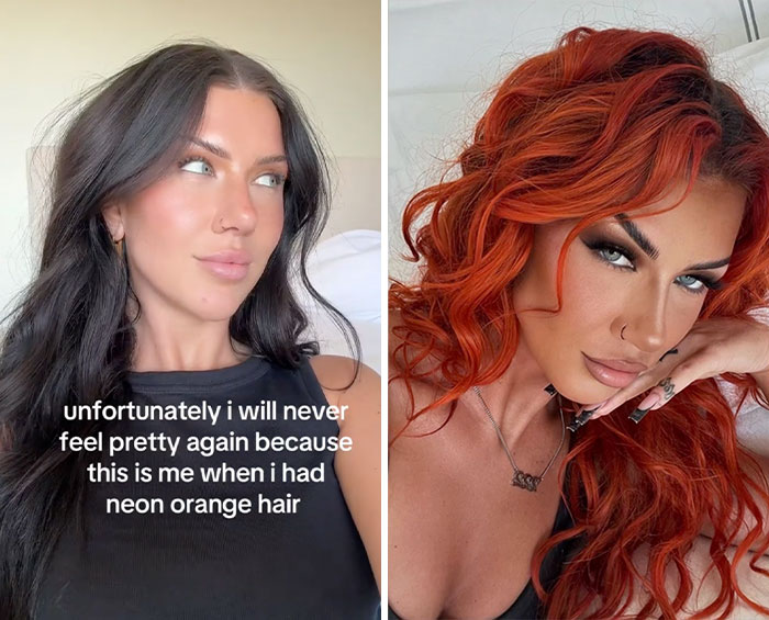 Side-by-side photos showing a woman before and after a glow down with neon orange hair sharing her experience.