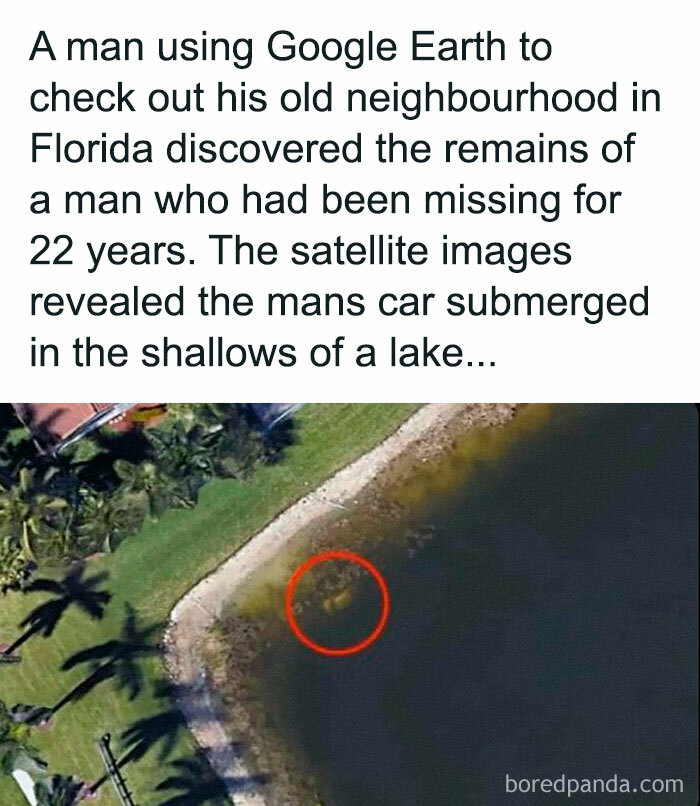 Aerial view of a submerged car in lake shallows, linked to disturbing and unsettling events that actually happened in Florida.