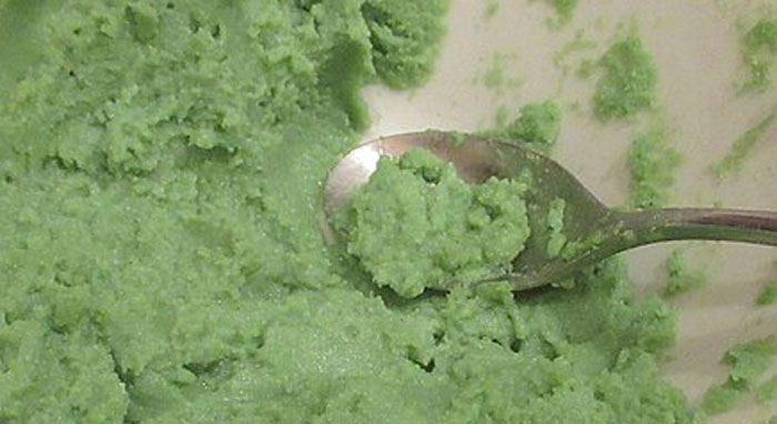 Textura granulada verde en un plato con una cuchara, ejemplo visual para expertos en autopsias y hallazgos singulares.