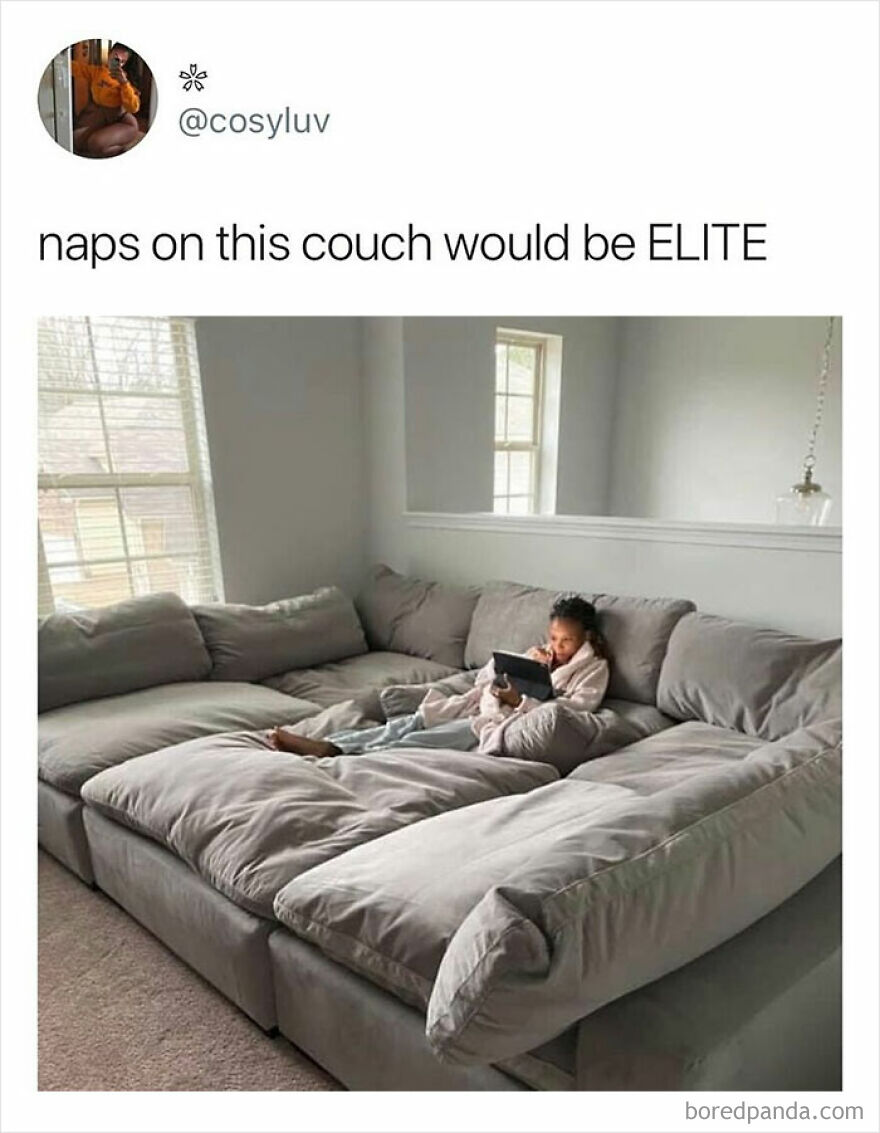 Person relaxing on a large gray couch, highlighting comfort in funny memes about being one inconvenience from meltdown.