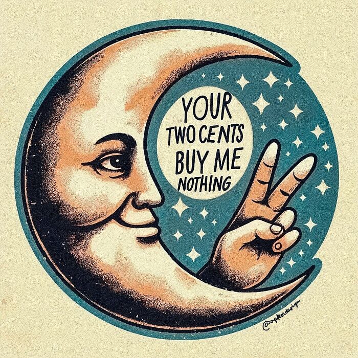 Art therapy illustration featuring a crescent moon with a hand making a peace sign and vulnerable thoughts.