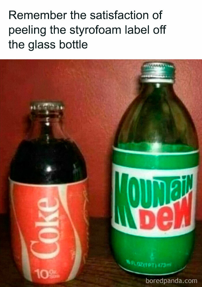 Two vintage glass soda bottles featuring classic 80s Coke and Mountain Dew labels, celebrating the good old 80s.