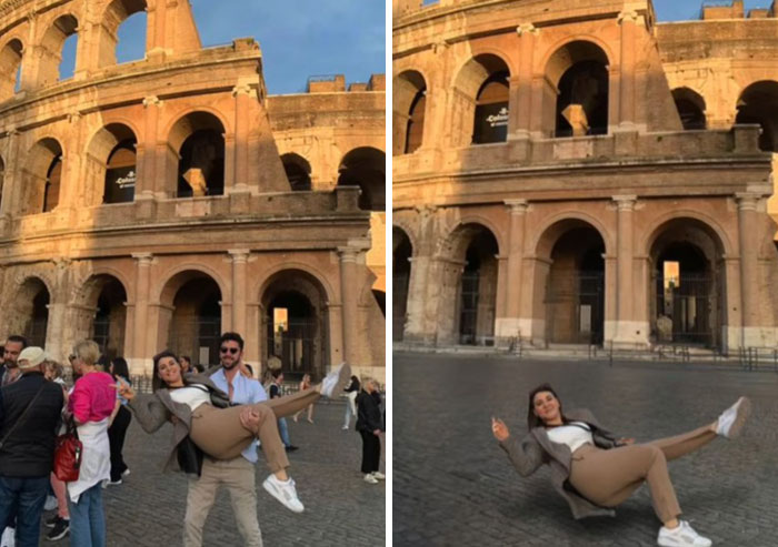 Woman photoshopped to appear floating in front of the Colosseum in a hilarious Photoshop edit by a creative artist.