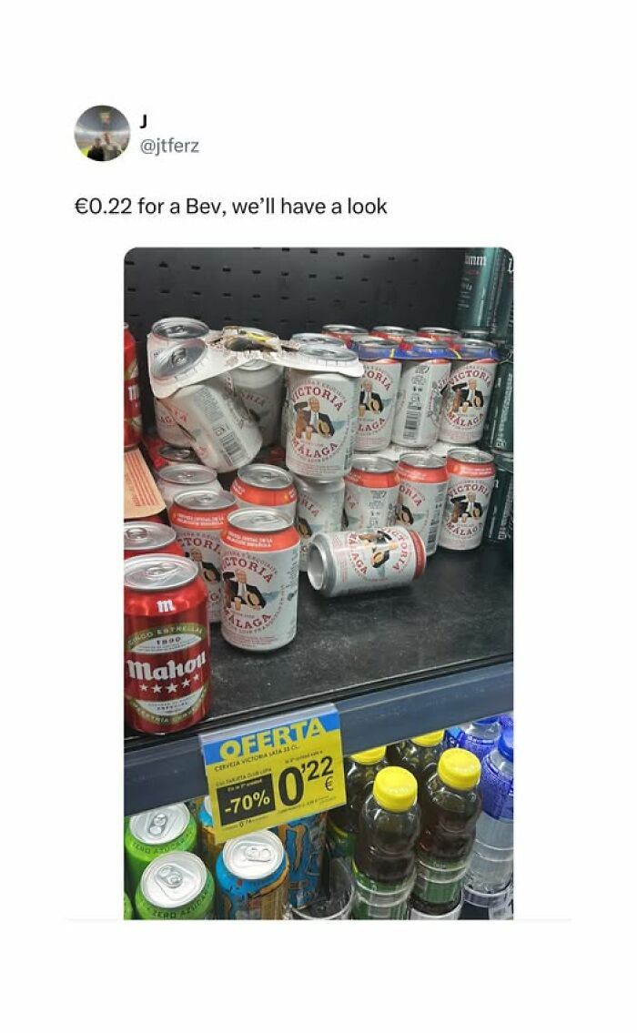 Tweet showing a humorous British comedian post about cheap beverages priced at 0.22 euros in a store display.