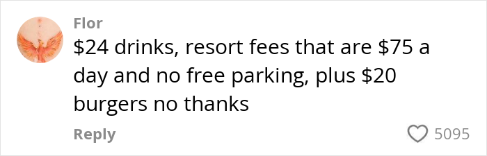 Comment highlighting high resort fees and expensive drinks, reflecting challenges in the US tourism sector revenue.
