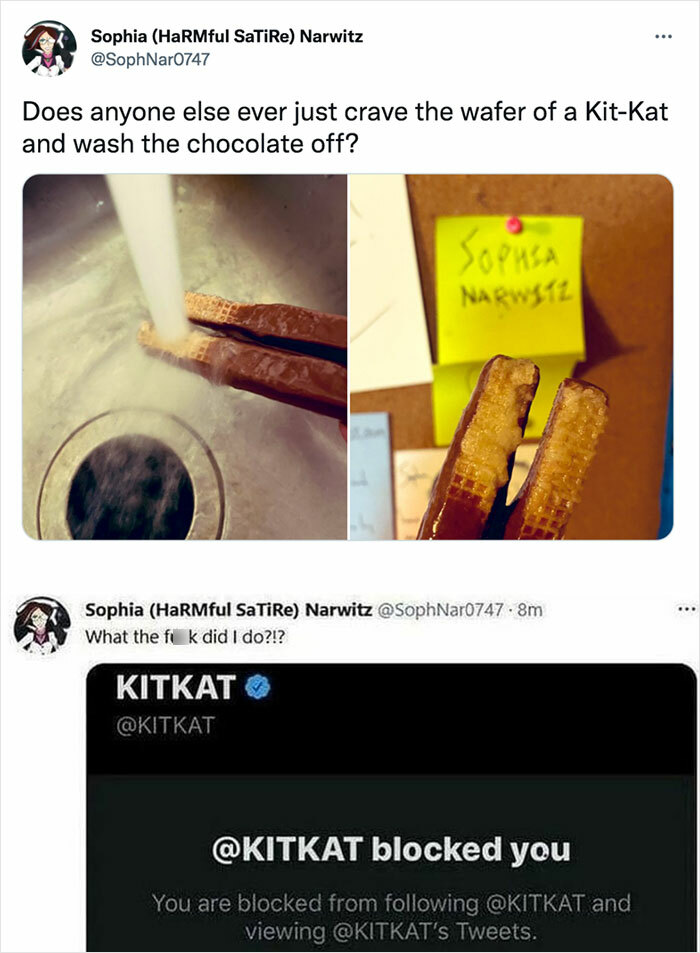 Twitter user shows washing chocolate off a Kit-Kat wafer, highlighting a hilarious main character moment with unexpected brand reaction.