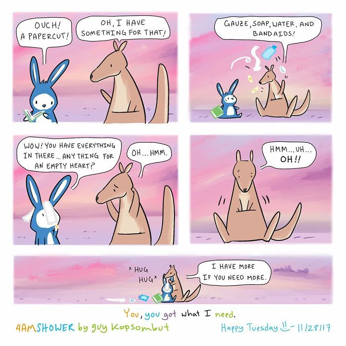 Lighthearted animal comic showing a kangaroo helping a rabbit with care items and offering a comforting hug.