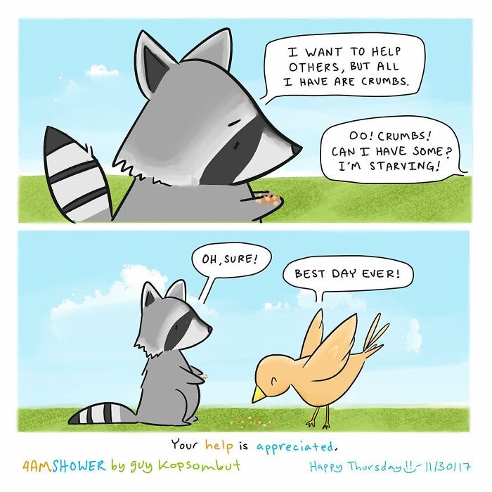 Comic featuring a raccoon and bird sharing crumbs in a lighthearted animal comic by 4amshower.