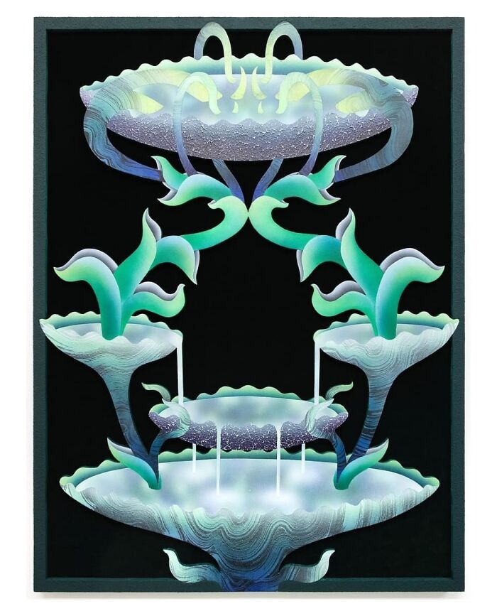 Abstract glowing garden artwork with fluid teal plants and illuminated bowls on a dark background, inspired by glowing gardens.