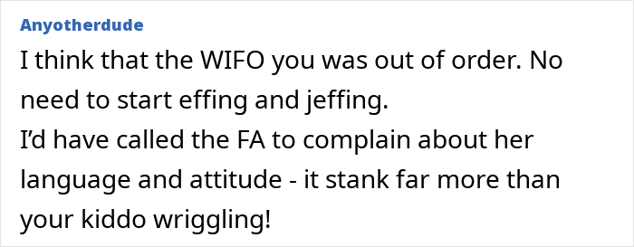 Commenter defending mom’s toddler mid-flight against angry passenger upset over fidgeting in airplane cabin. Commenter defending mom’s toddler mid-flight against angry passenger upset over fidgeting in airplane cabin.