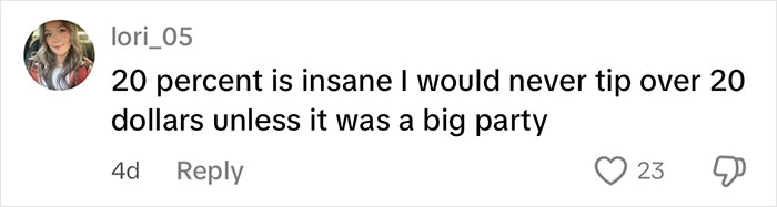 Comment from user lori_05 expressing opinion on tipping practices and mentioning tipping over 20 dollars only for big parties.